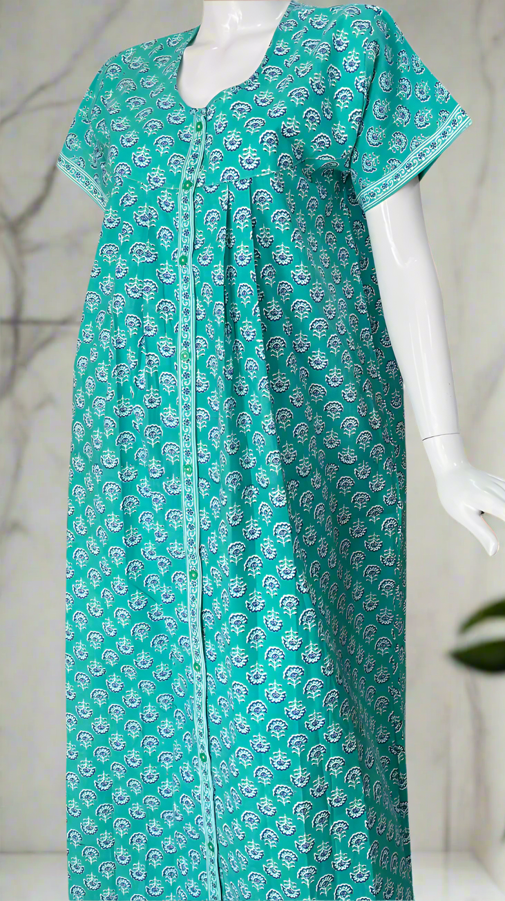 Sea Green Floral Full Open Pure Cotton Nighty. Pure Cotton | Laces and Frills