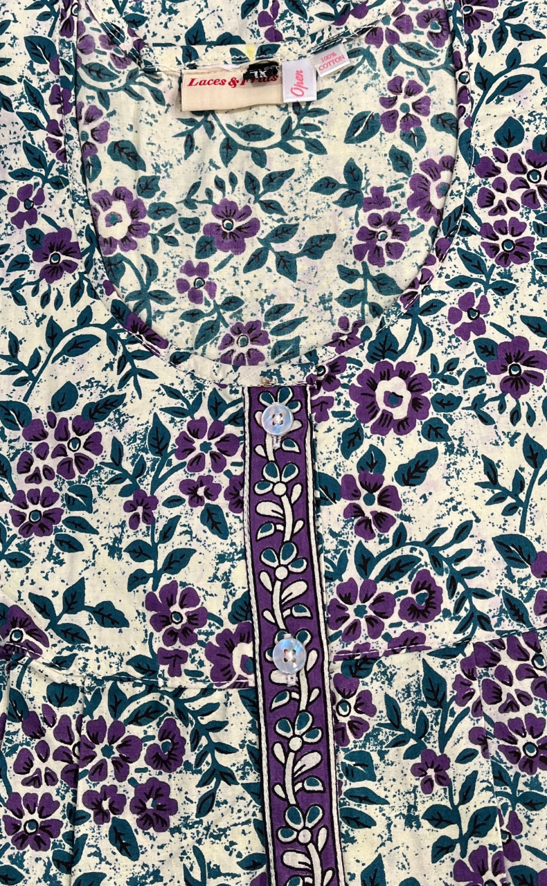 Teal Green/Purple Garden Full Open Pure Cotton Nighty. Pure Cotton | Laces and Frills