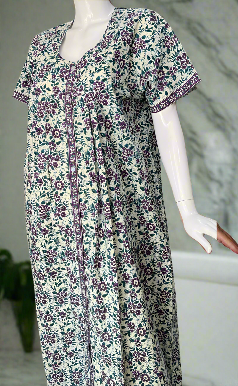 Teal Green/Purple Garden Full Open Pure Cotton Nighty. Pure Cotton | Laces and Frills