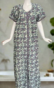 Teal Green/Purple Garden Full Open Pure Cotton Nighty. Pure Cotton | Laces and Frills