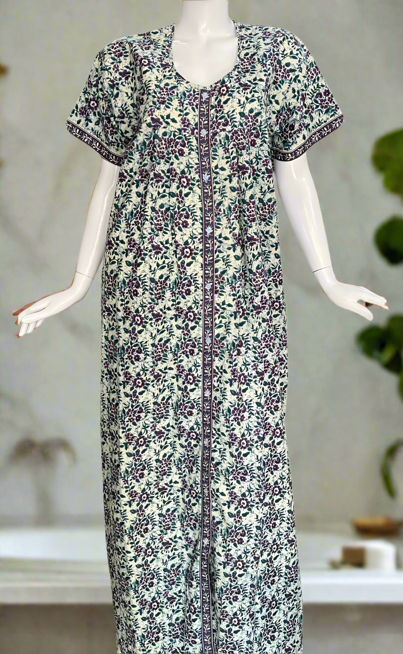 Teal Green/Purple Garden Full Open Pure Cotton Nighty. Pure Cotton | Laces and Frills