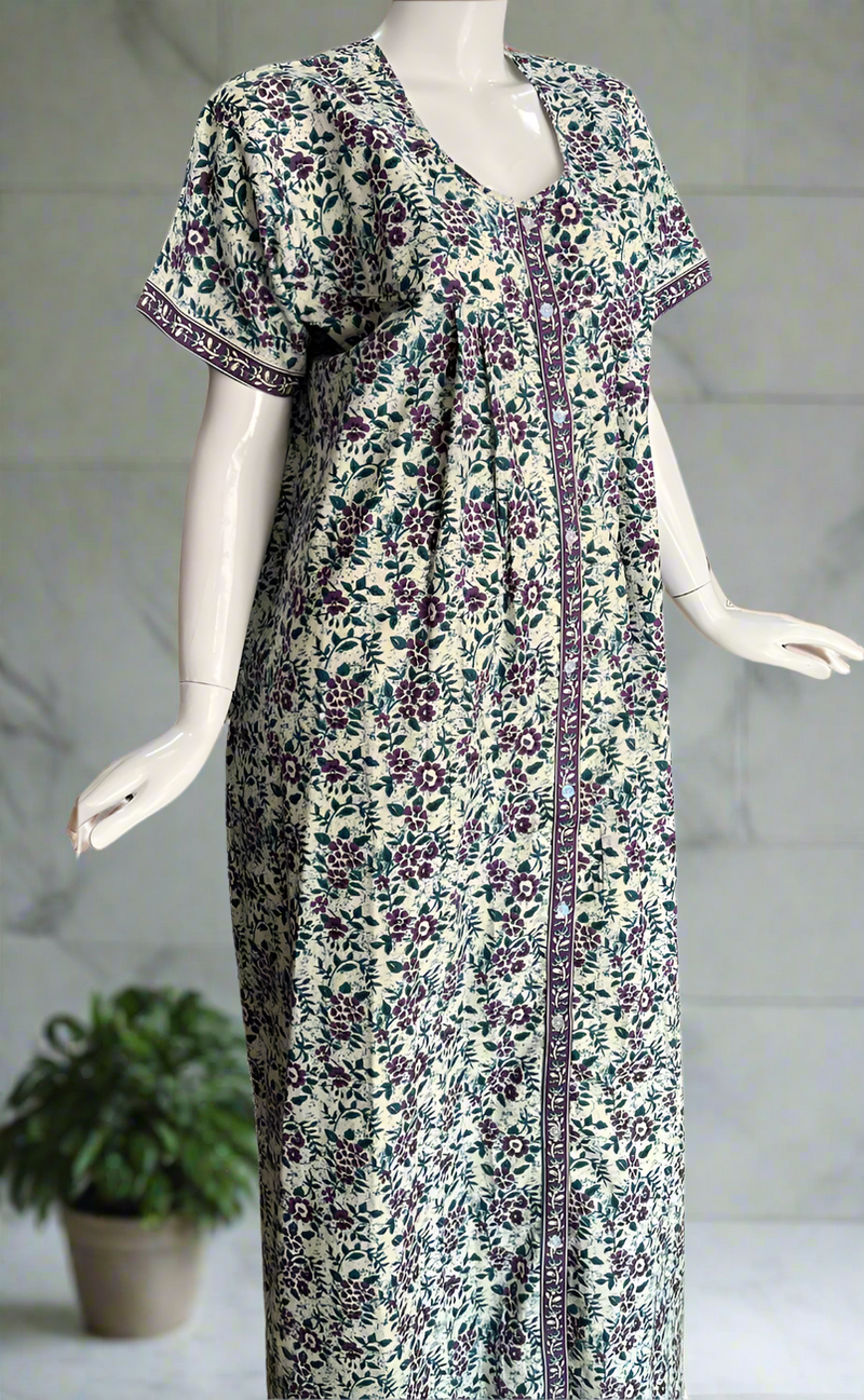 Teal Green/Purple Garden Full Open Pure Cotton Nighty. Pure Cotton | Laces and Frills