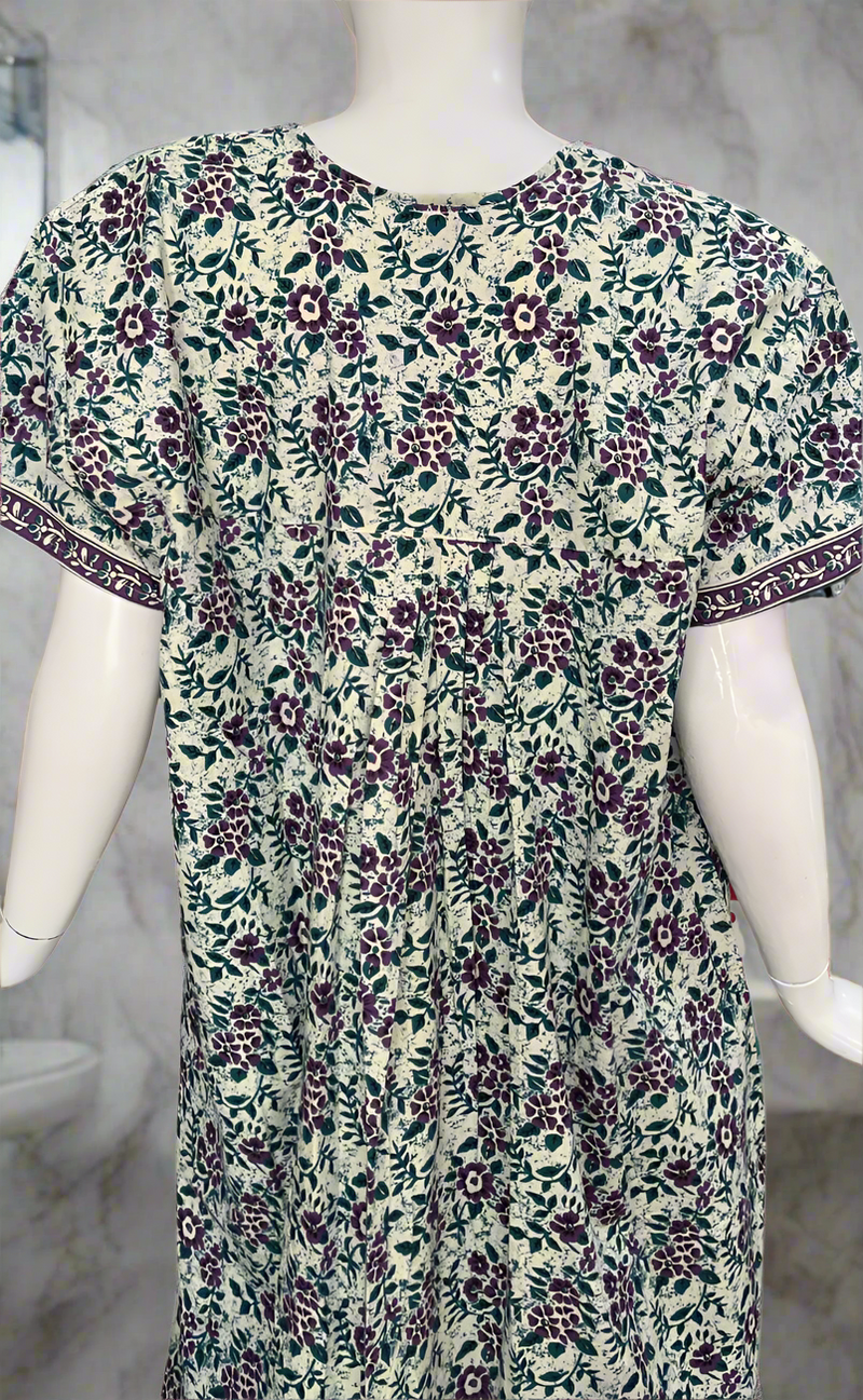 Teal Green/Purple Garden Full Open Pure Cotton Nighty. Pure Cotton | Laces and Frills