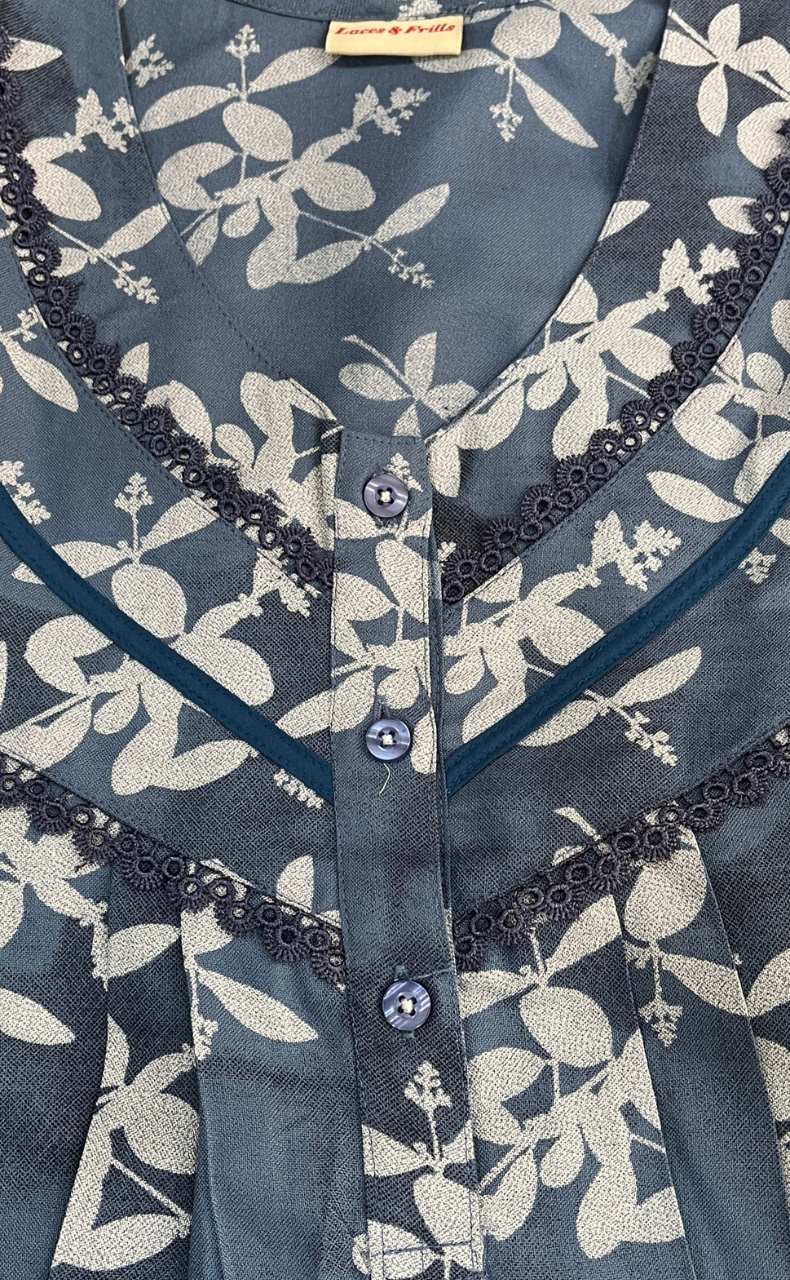 Green Leafy Spun Long Sleeves Nighty. Flowy Spun Fabric | Laces and Frills