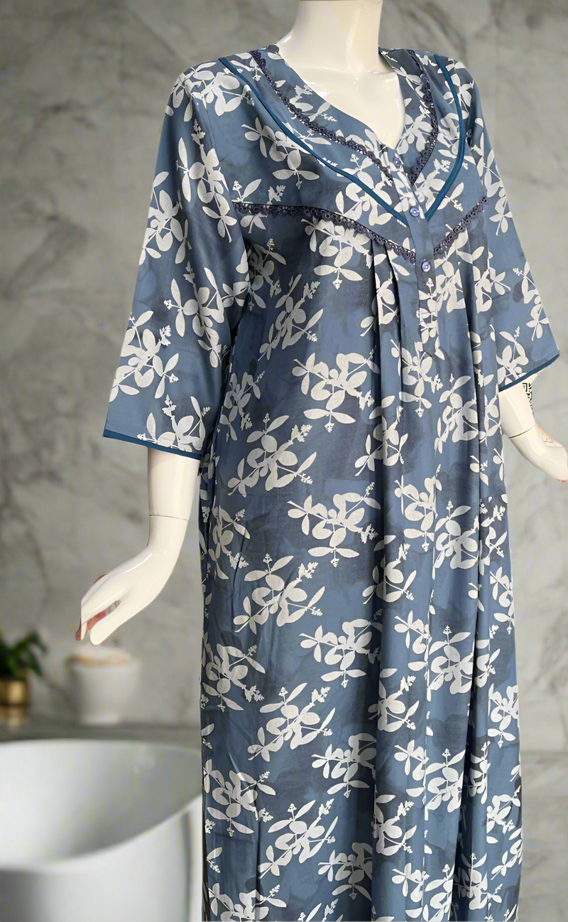 Green Leafy Spun Long Sleeves Nighty. Flowy Spun Fabric | Laces and Frills