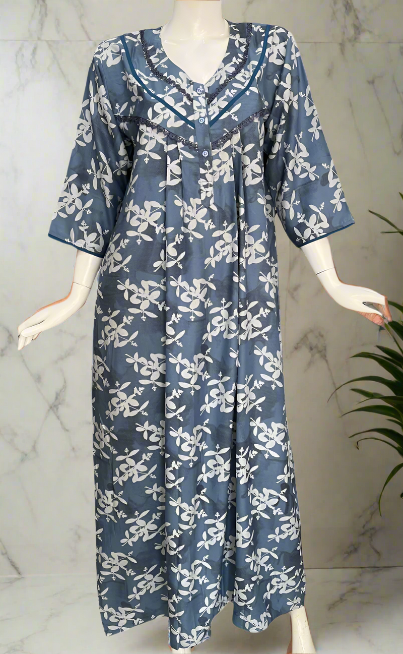 Green Leafy Spun Long Sleeves Nighty. Flowy Spun Fabric | Laces and Frills