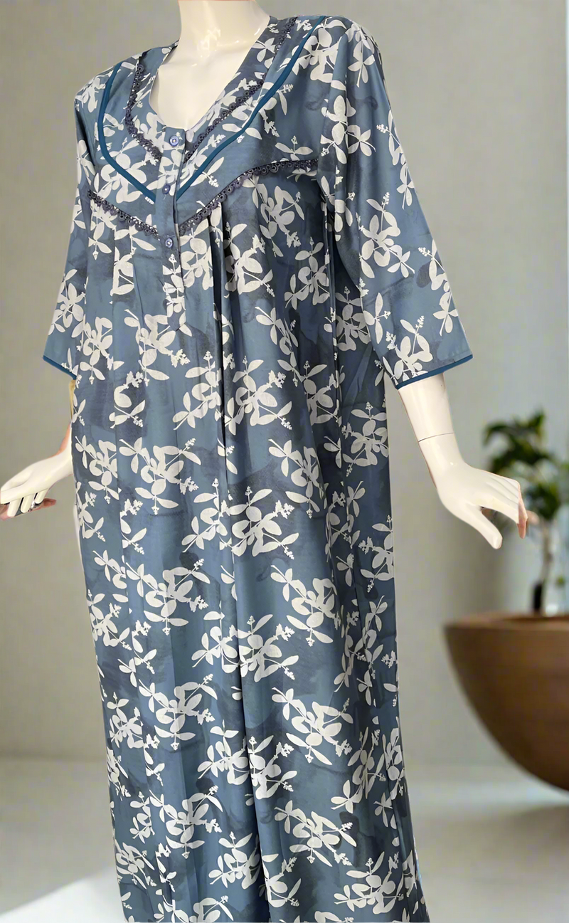 Green Leafy Spun Long Sleeves Nighty. Flowy Spun Fabric | Laces and Frills