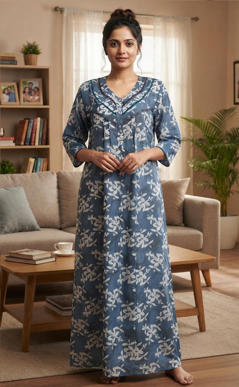 Grey Leafy Spun Long Sleeves Nighty. Flowy Spun Fabric | Laces and Frills