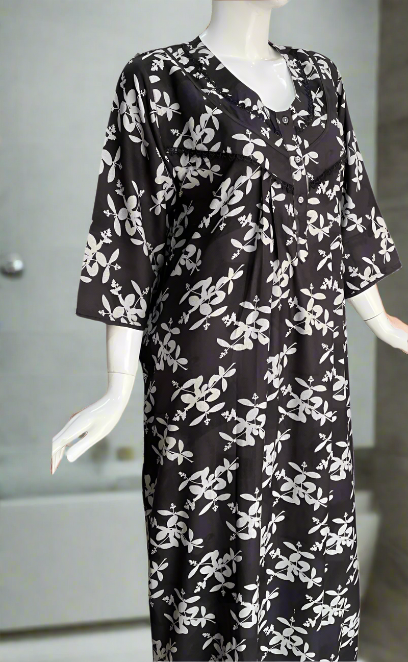 Egg Plant Colour Leafy Spun Long Sleeves Nighty. Flowy Spun Fabric | Laces and Frills