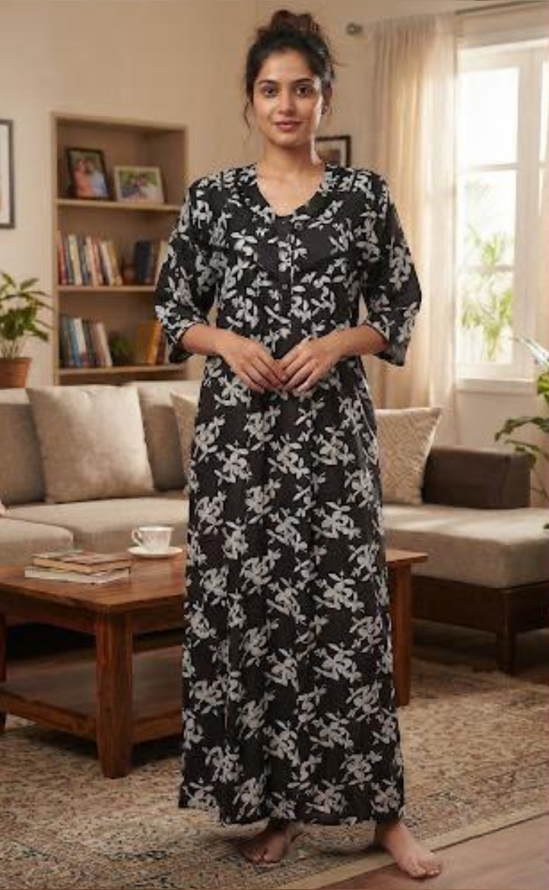 Egg Plant Colour Leafy Spun Long Sleeves Nighty. Flowy Spun Fabric | Laces and Frills