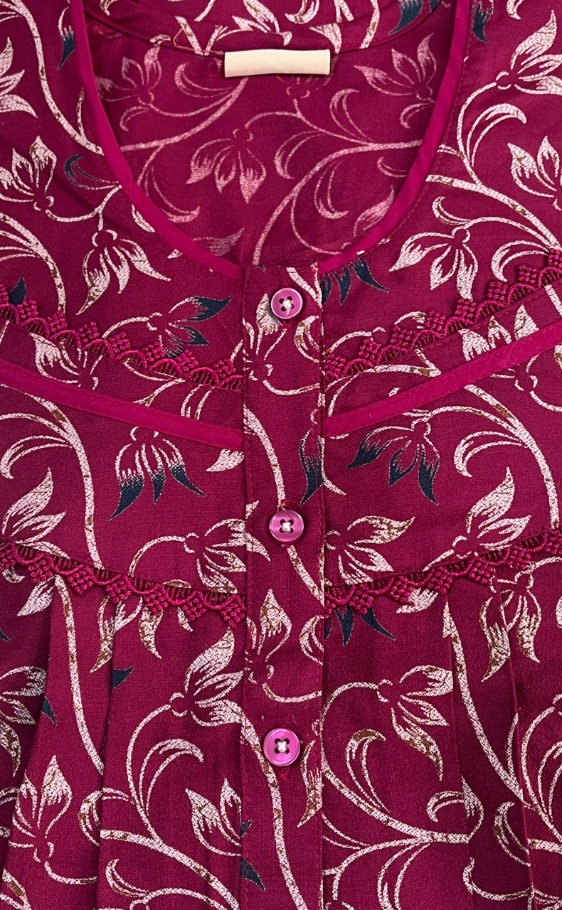 Magenta Garden Spun Long Sleeves Nighty. Flowy Spun Fabric | Laces and Frills