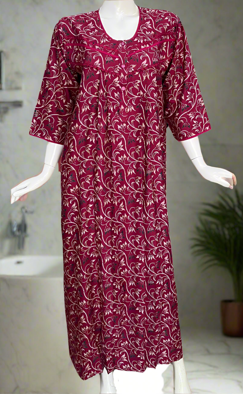 Magenta Garden Spun Long Sleeves Nighty. Flowy Spun Fabric | Laces and Frills