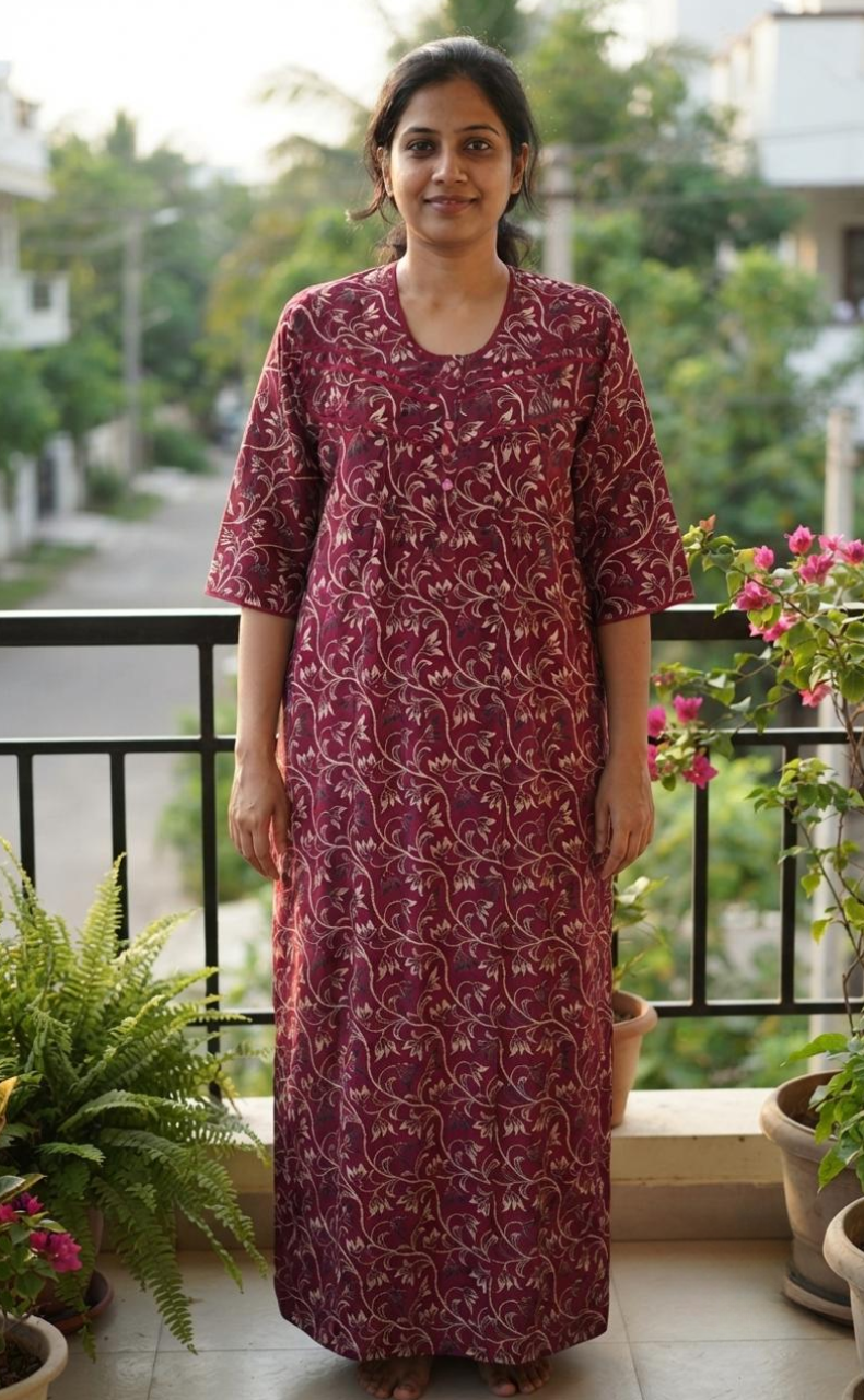 Magenta Garden Spun Long Sleeves Nighty. Flowy Spun Fabric | Laces and Frills