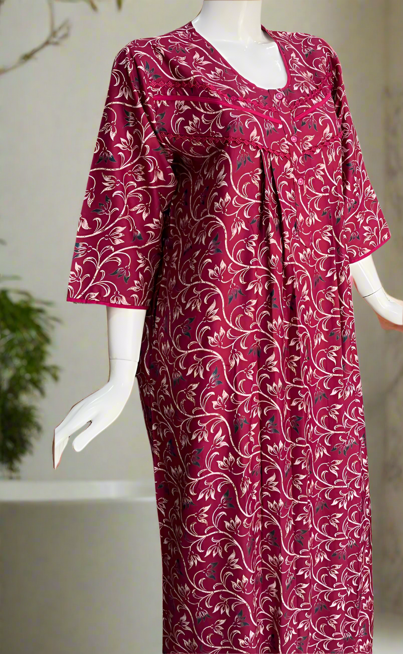 Magenta Garden Spun Long Sleeves Nighty. Flowy Spun Fabric | Laces and Frills