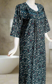Teal Green Garden Spun Long Sleeves Nighty. Flowy Spun Fabric | Laces and Frills