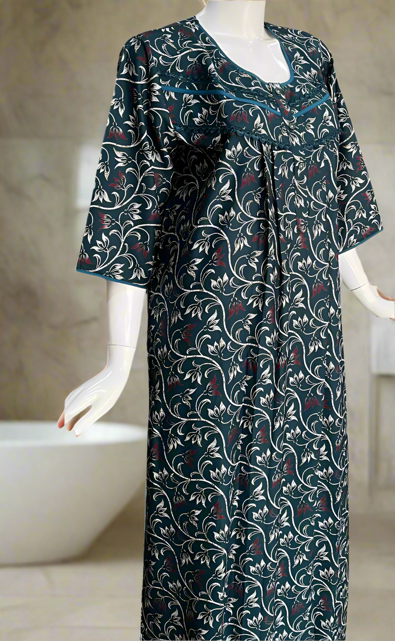 Teal Green Garden Spun Long Sleeves Nighty. Flowy Spun Fabric | Laces and Frills