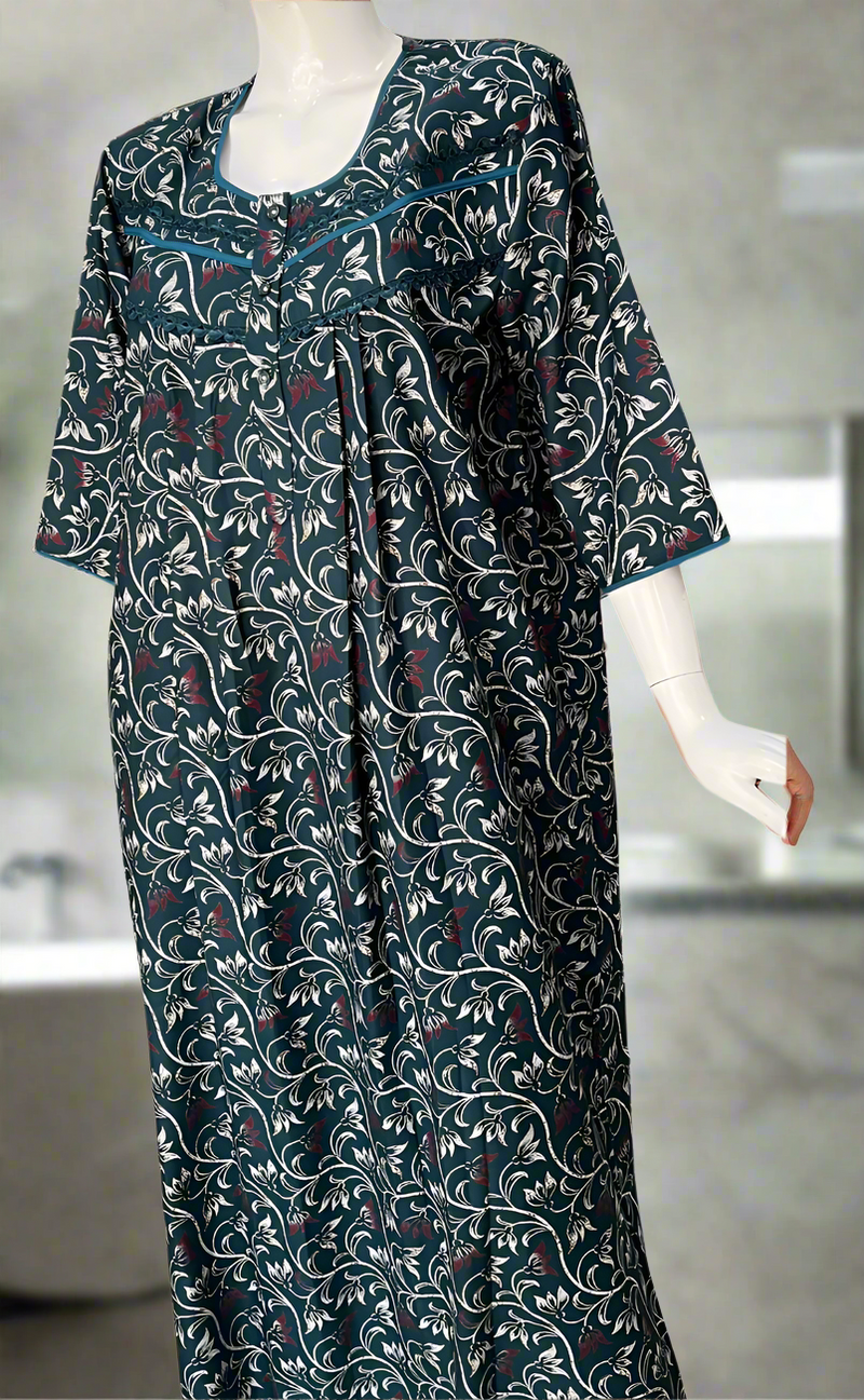 Teal Green Garden Spun Long Sleeves Nighty. Flowy Spun Fabric | Laces and Frills