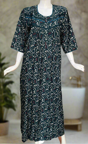 Teal Green Garden Spun Long Sleeves Nighty. Flowy Spun Fabric | Laces and Frills