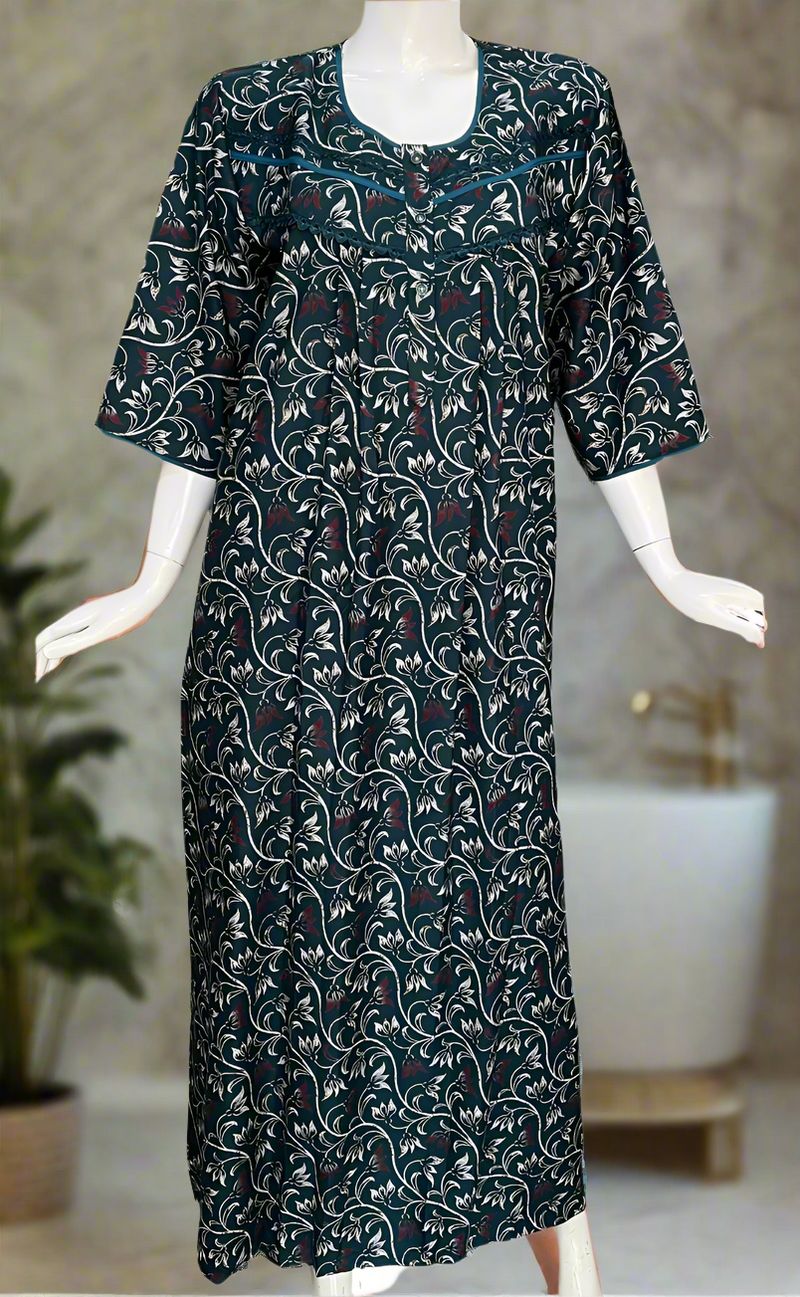 Teal Green Garden Spun Long Sleeves Nighty. Flowy Spun Fabric | Laces and Frills