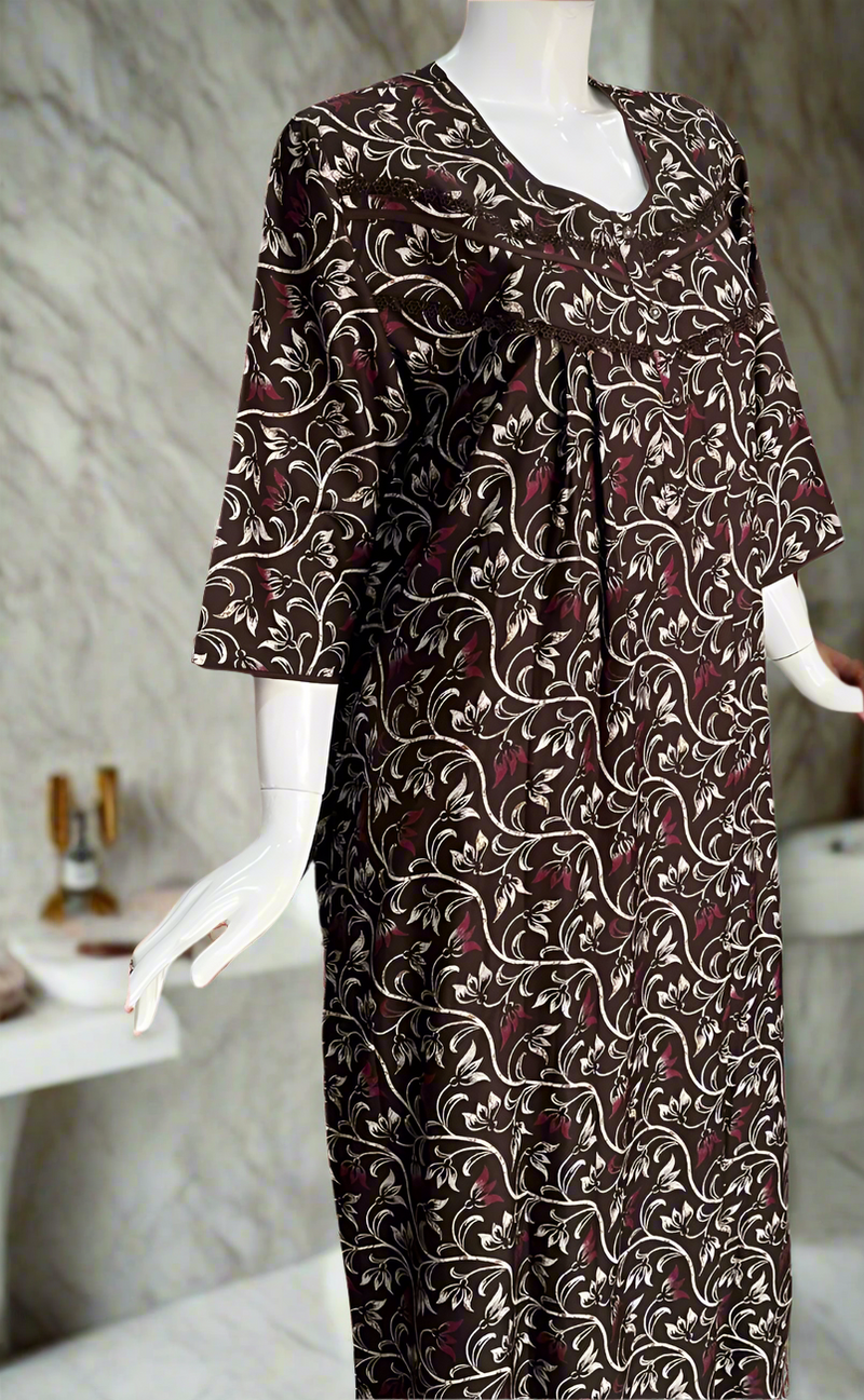 Brown Garden Spun Long Sleeves Nighty. Flowy Spun Fabric | Laces and Frills
