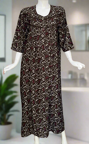 Brown Garden Spun Long Sleeves Nighty. Flowy Spun Fabric | Laces and Frills