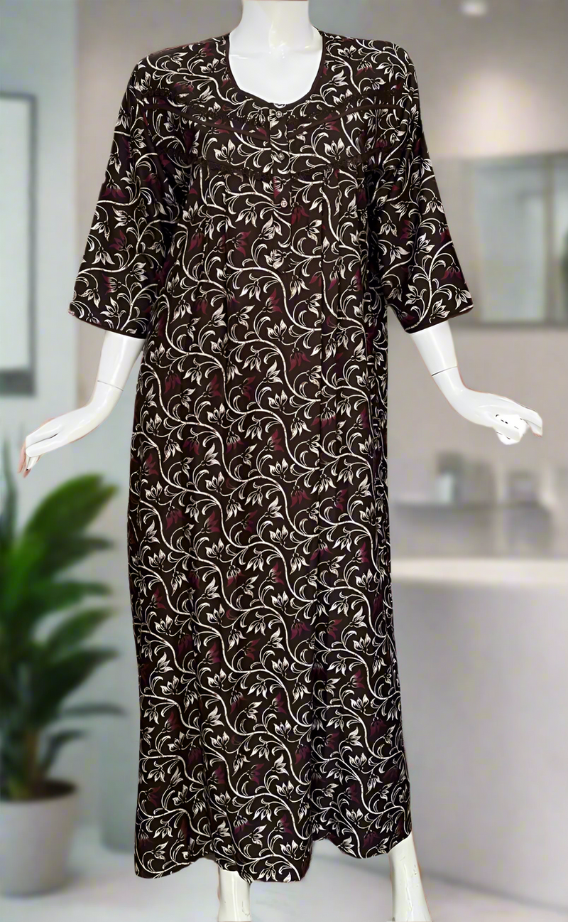 Brown Garden Spun Long Sleeves Nighty. Flowy Spun Fabric | Laces and Frills