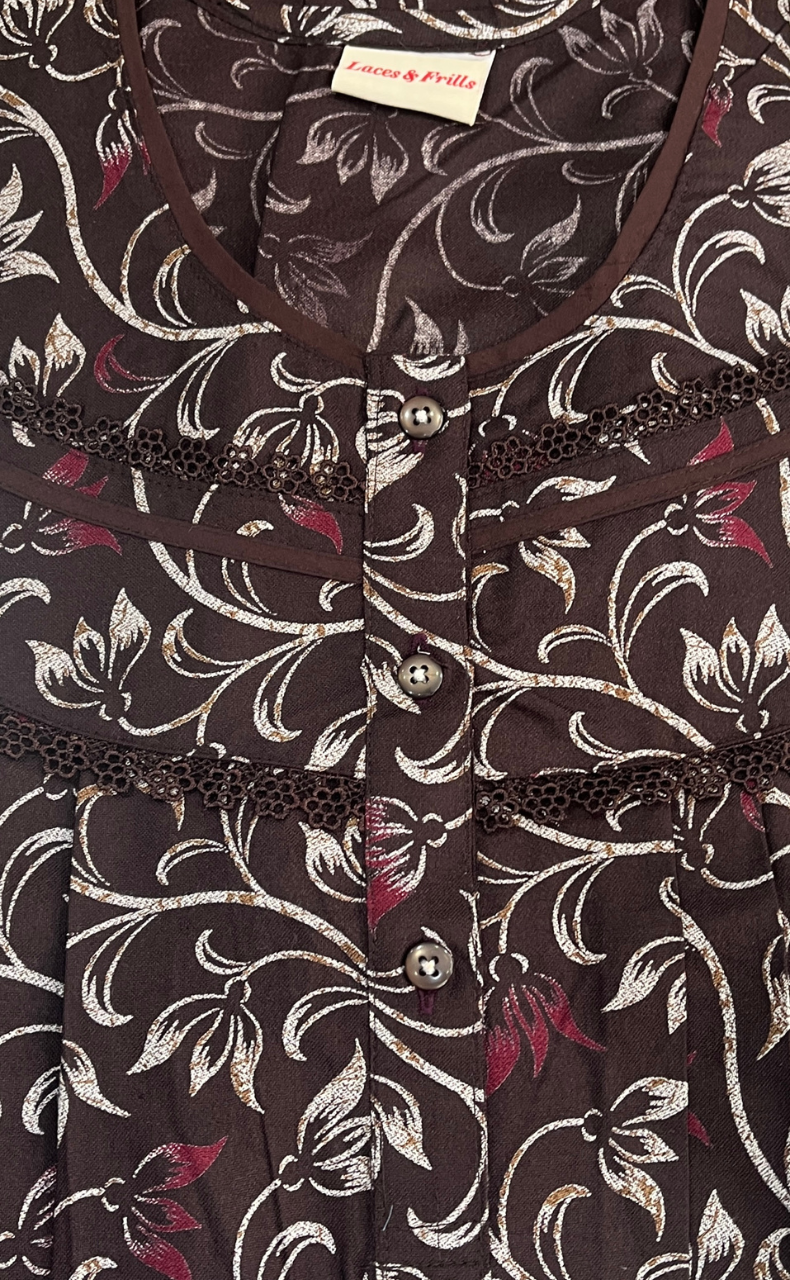 Brown Garden Spun Long Sleeves Nighty. Flowy Spun Fabric | Laces and Frills
