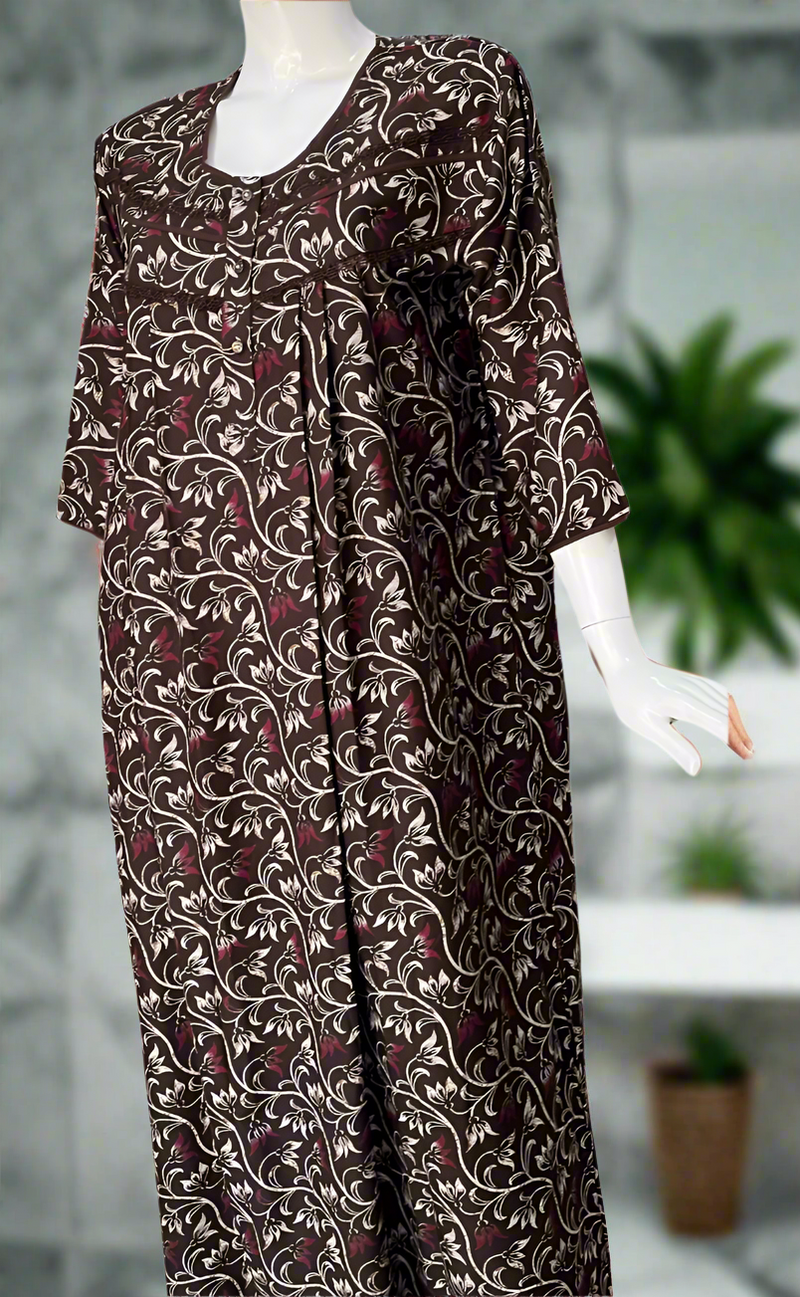 Brown Garden Spun Long Sleeves Nighty. Flowy Spun Fabric | Laces and Frills