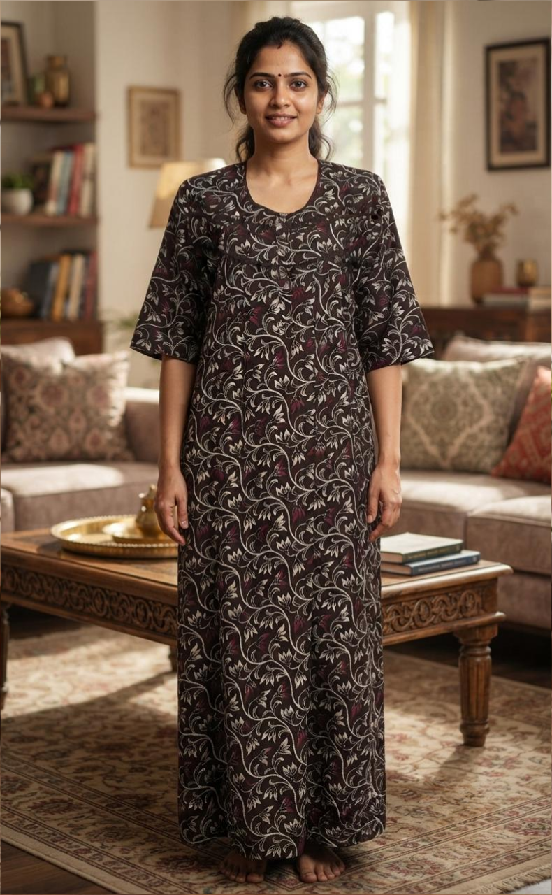 Brown Garden Spun Long Sleeves Nighty. Flowy Spun Fabric | Laces and Frills