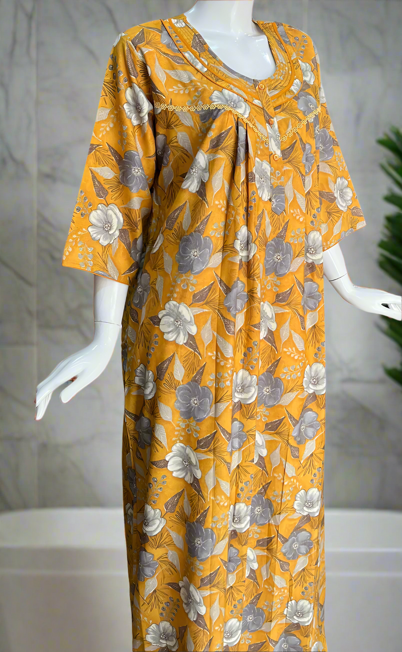 Yellow Garden Spun Long Sleeves Nighty. Flowy Spun Fabric | Laces and Frills