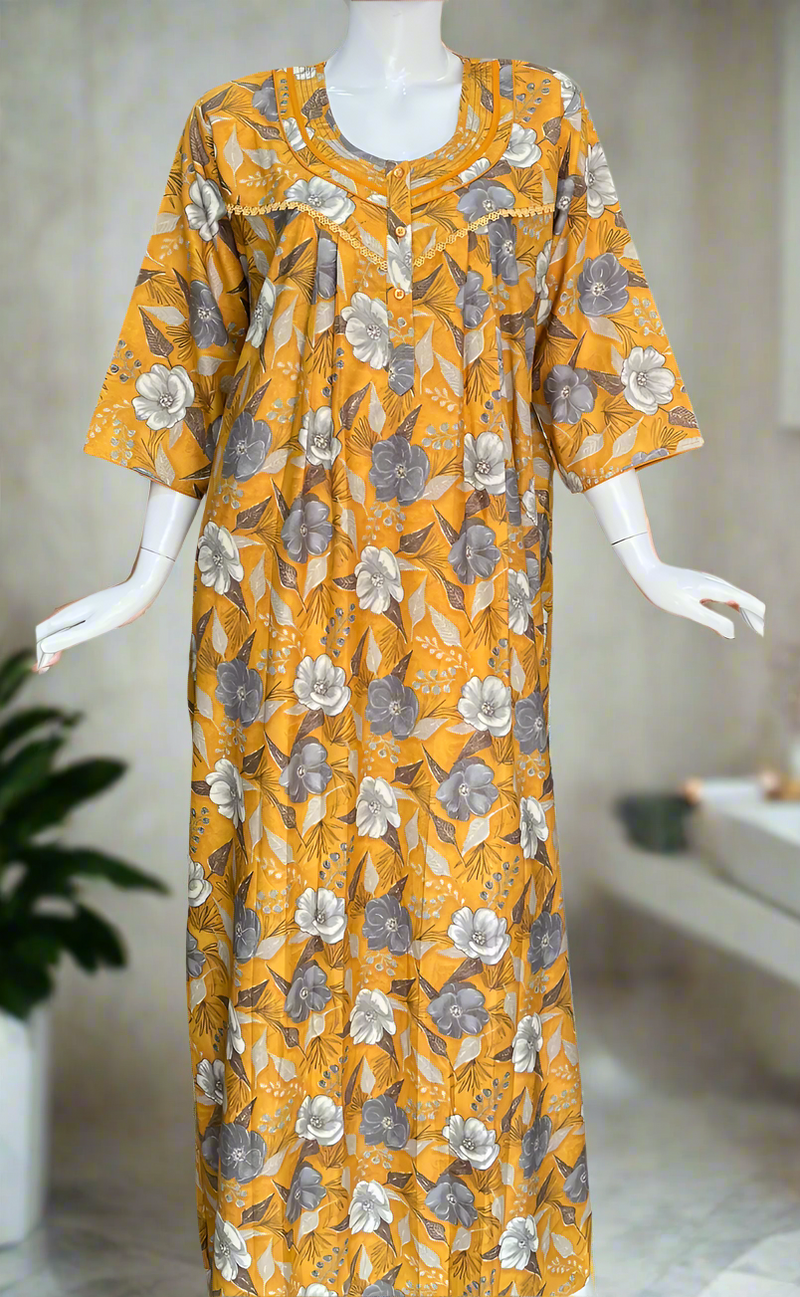 Yellow Garden Spun Long Sleeves Nighty. Flowy Spun Fabric | Laces and Frills