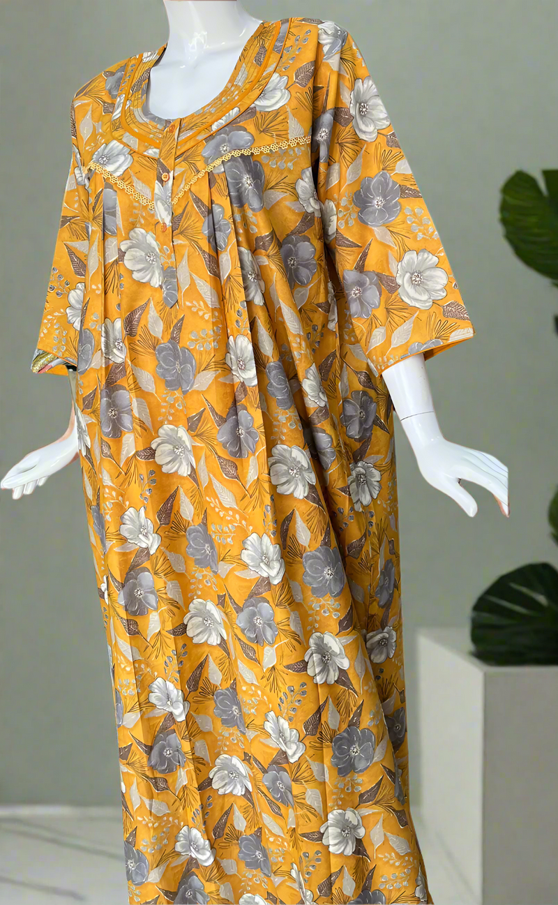 Yellow Garden Spun Long Sleeves Nighty. Flowy Spun Fabric | Laces and Frills