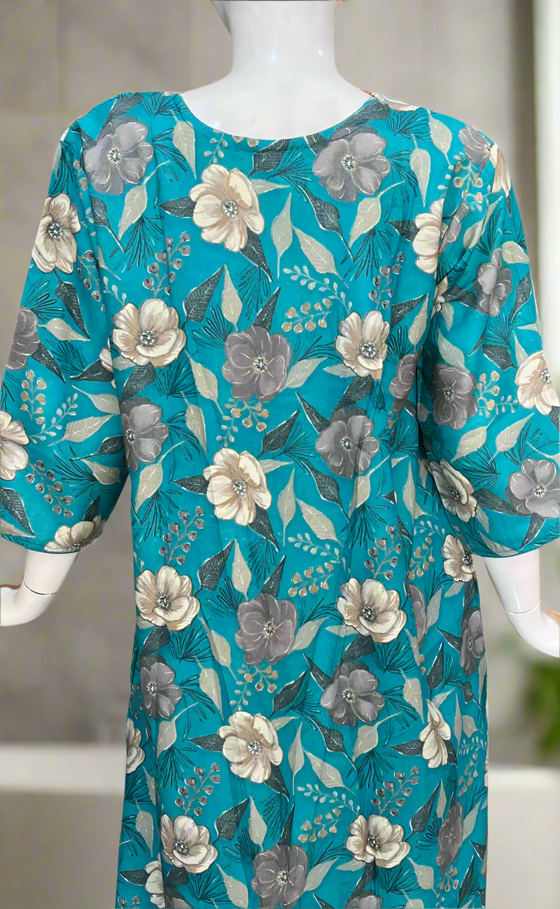 Sky Blue Garden Spun Long Sleeves Nighty. Flowy Spun Fabric | Laces and Frills