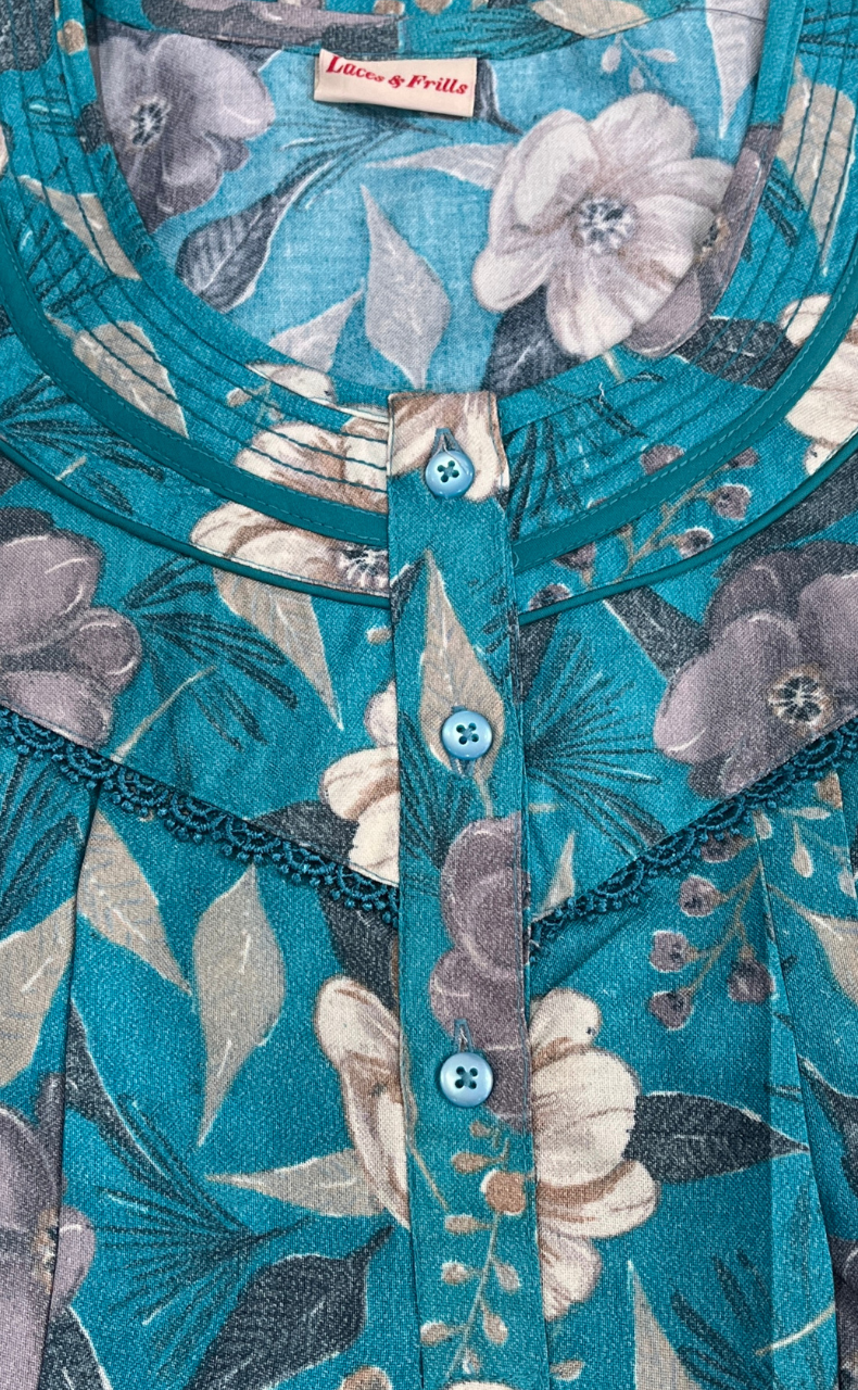 Sky Blue Garden Spun Long Sleeves Nighty. Flowy Spun Fabric | Laces and Frills