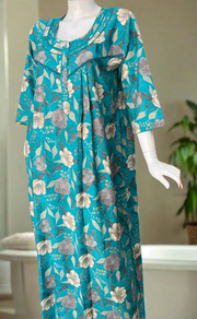 Sky Blue Garden Spun Long Sleeves Nighty. Flowy Spun Fabric | Laces and Frills