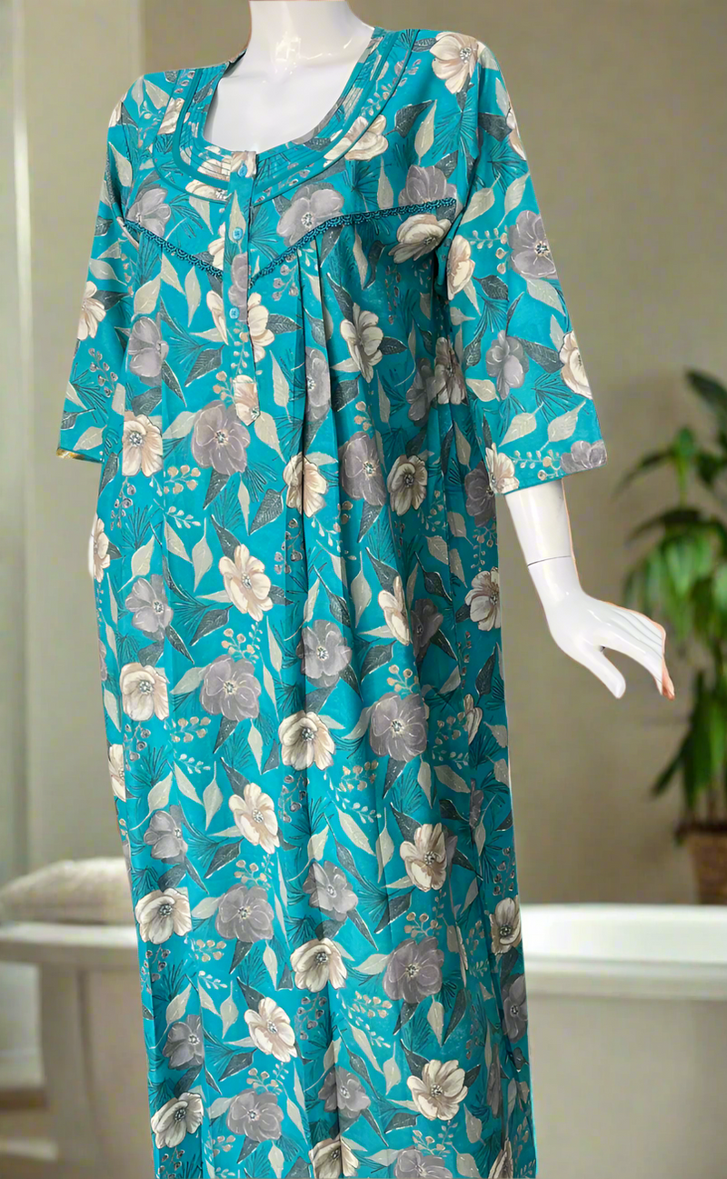 Sky Blue Garden Spun Long Sleeves Nighty. Flowy Spun Fabric | Laces and Frills