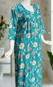 Sky Blue Garden Spun Long Sleeves Nighty. Flowy Spun Fabric | Laces and Frills