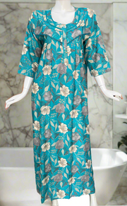 Sky Blue Garden Spun Long Sleeves Nighty. Flowy Spun Fabric | Laces and Frills