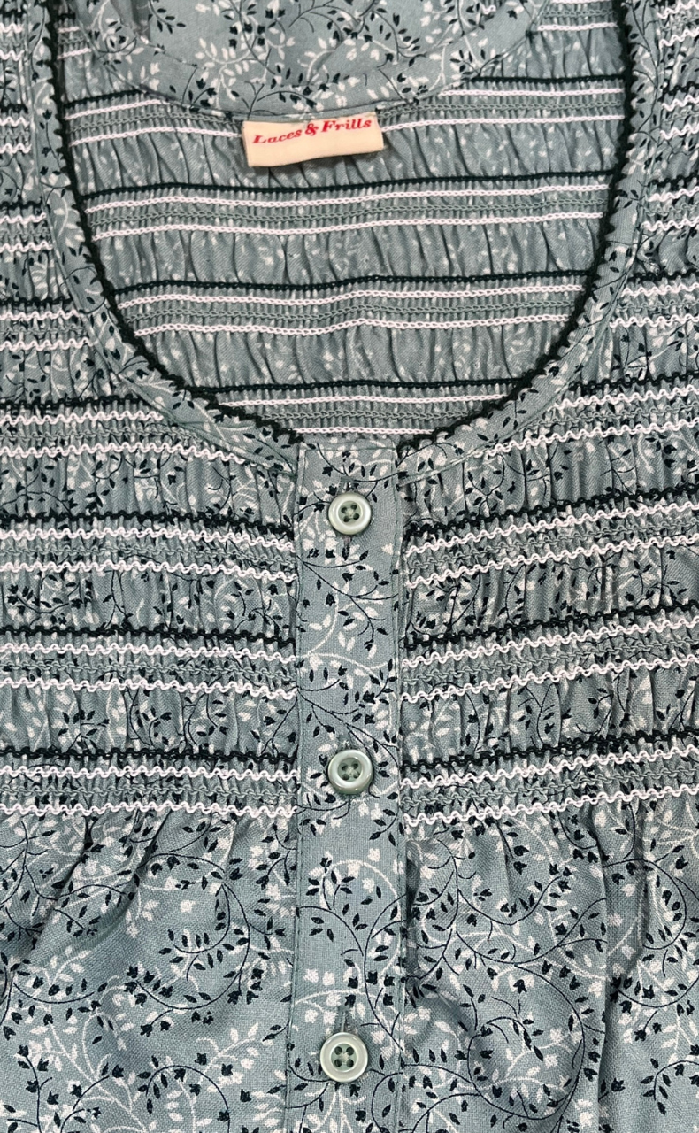 Pista Green Smocking Spun Nighty. Flowy Spun Fabric | Laces and Frills