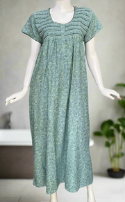 Pista Green Smocking Spun Nighty. Flowy Spun Fabric | Laces and Frills