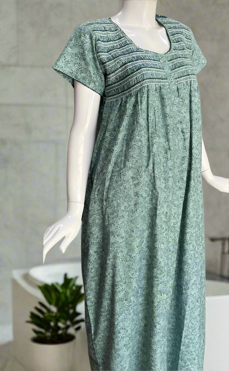 Pista Green Smocking Spun Nighty. Flowy Spun Fabric | Laces and Frills