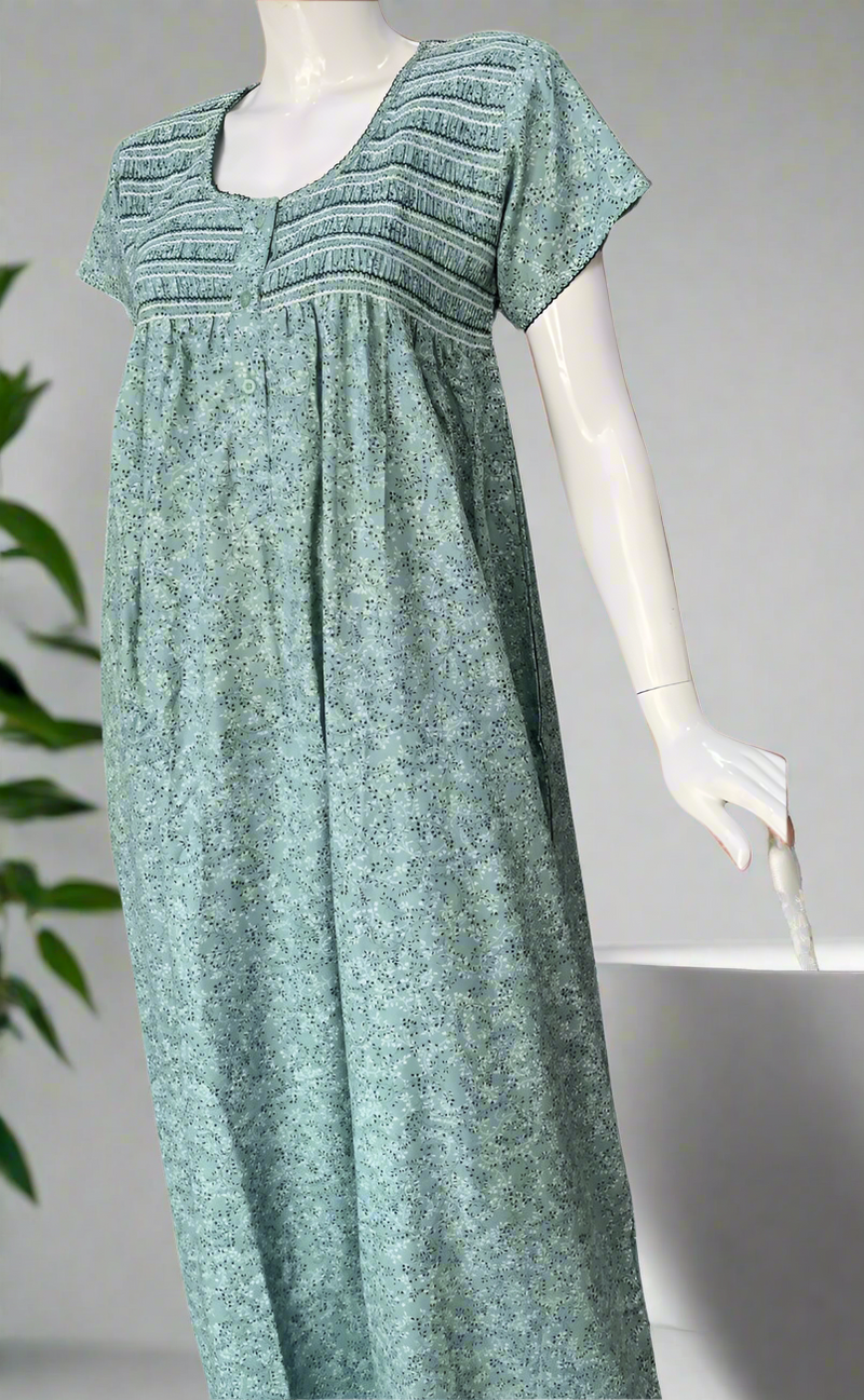 Pista Green Smocking Spun Nighty. Flowy Spun Fabric | Laces and Frills