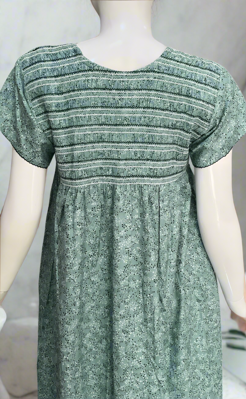 Pista Green Smocking Spun Nighty. Flowy Spun Fabric | Laces and Frills