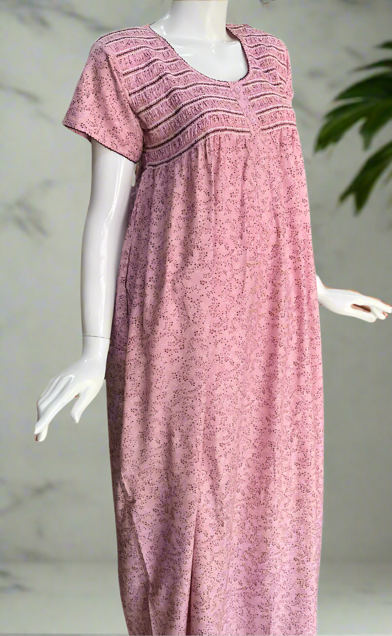 Pink Smocking Spun Nighty. Flowy Spun Fabric | Laces and Frills