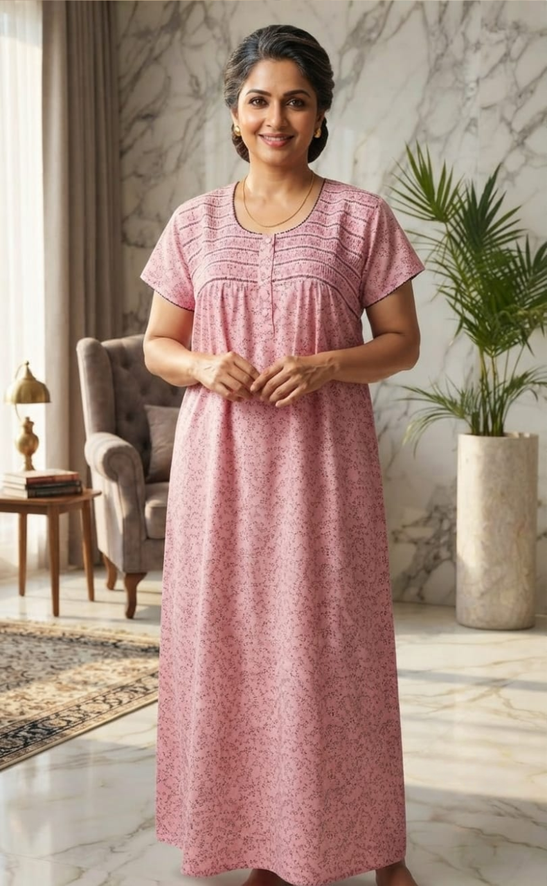 Pink Smocking Spun Nighty. Flowy Spun Fabric | Laces and Frills