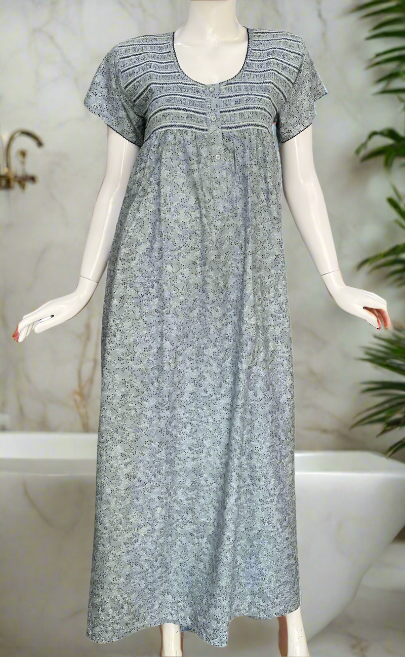 Grey Smocking Spun Nighty. Flowy Spun Fabric | Laces and Frills