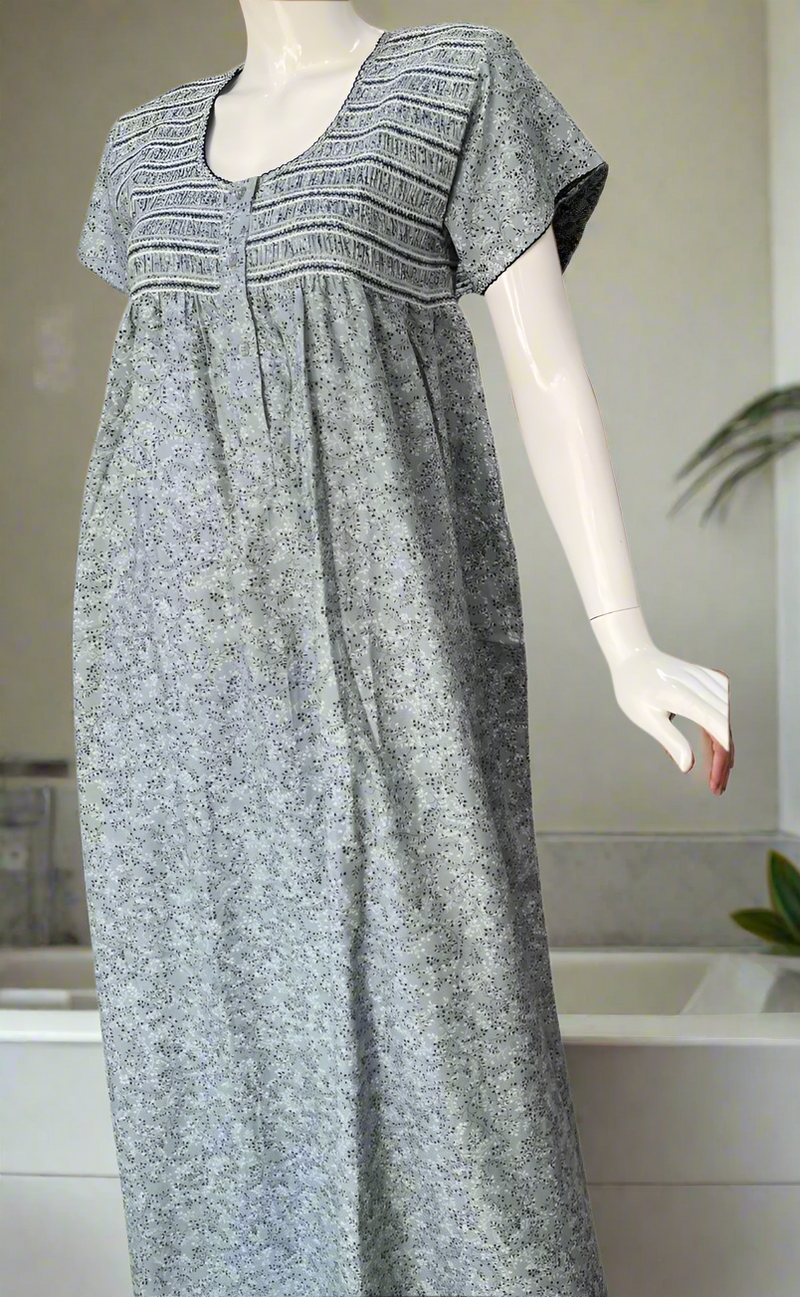 Grey Smocking Spun Nighty. Flowy Spun Fabric | Laces and Frills