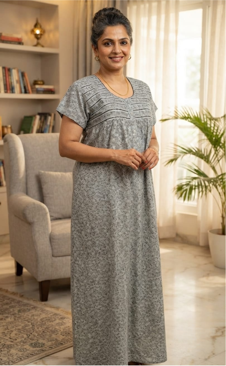 Grey Smocking Spun Nighty. Flowy Spun Fabric | Laces and Frills