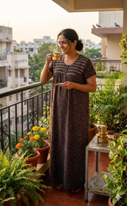 Brown Smocking Spun Nighty. Flowy Spun Fabric | Laces and Frills - Laces and Frills