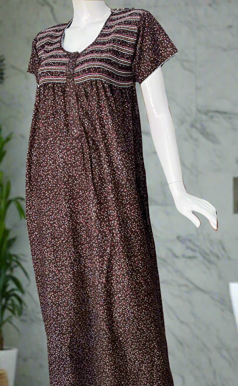 Brown Smocking Spun Nighty. Flowy Spun Fabric | Laces and Frills
